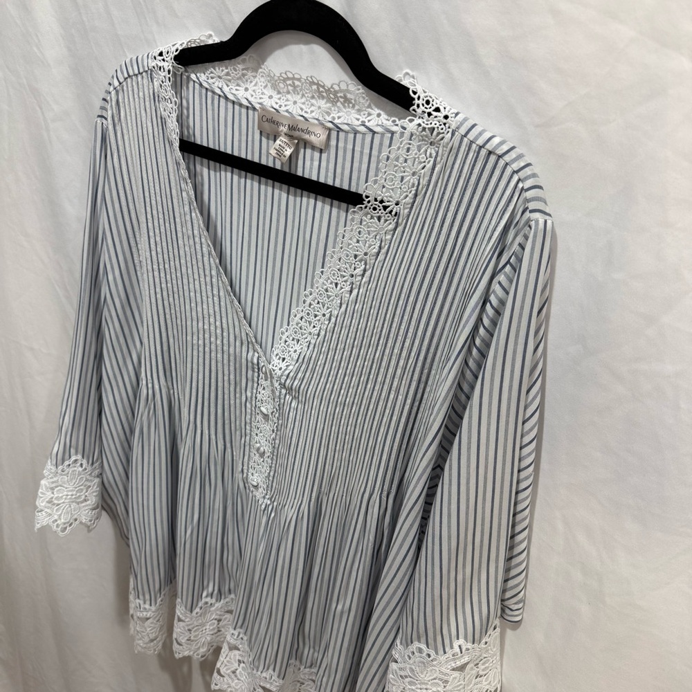 Catherine Malandrino 3X Striped Boho Blouse Lace Trim Top Cottagecore Coastal‎ - Picture 2 of 15